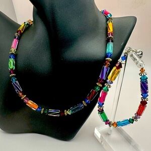 Beautiful, Colorful Art Glass and Crystal Bead Necklace and Bracelet